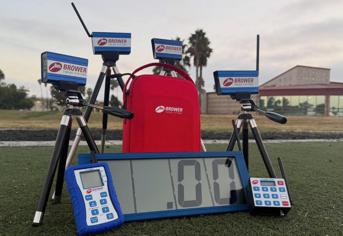 Brower electronic timing system set up on a turf field